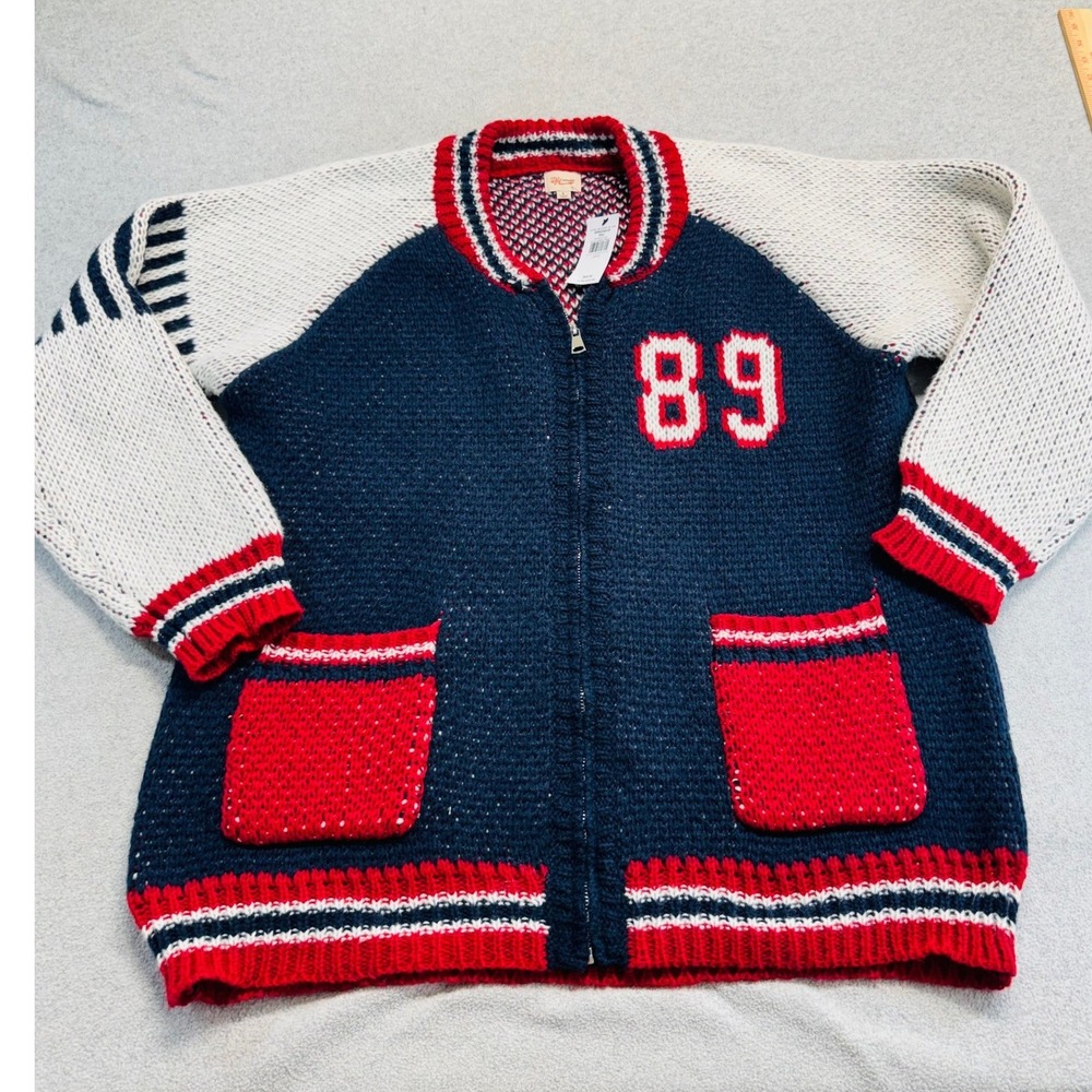 DH Apparel Zip Up Varsity Sweater Jacket NWT Large Red Navy Cream Knit Bomber 89